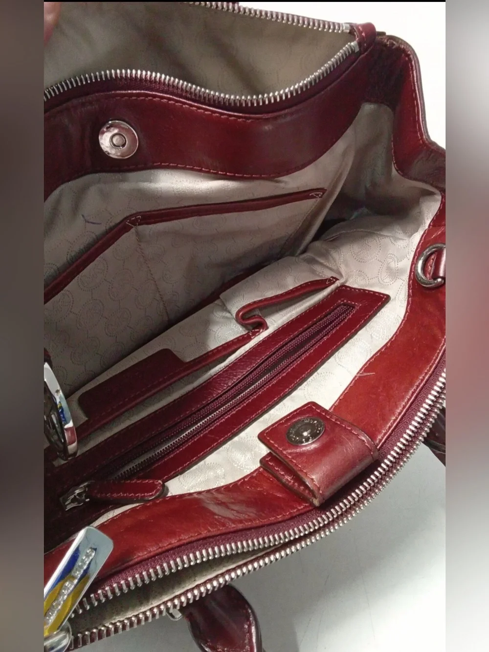 Michael Kors Burgundy Leather Handbag Silver Hardware Double Handles 17